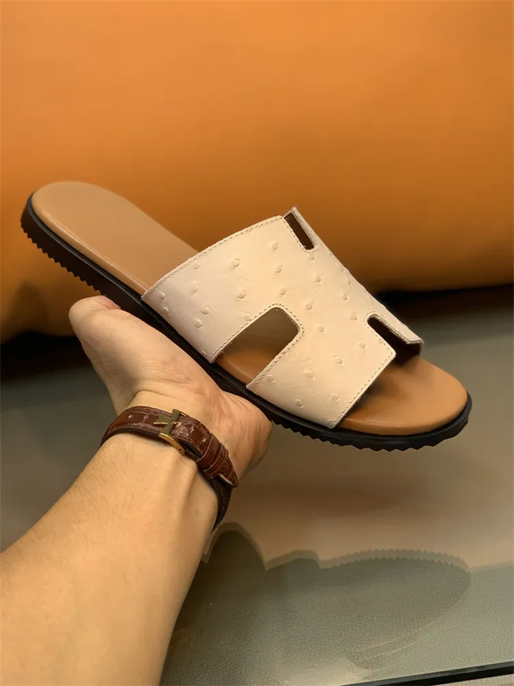 Leather Men's Slippers White Genuine Top Layer Cowhide Ostrich Pattern Outdoor Sandals Beach Shoes Comfortable Breathable Sli...