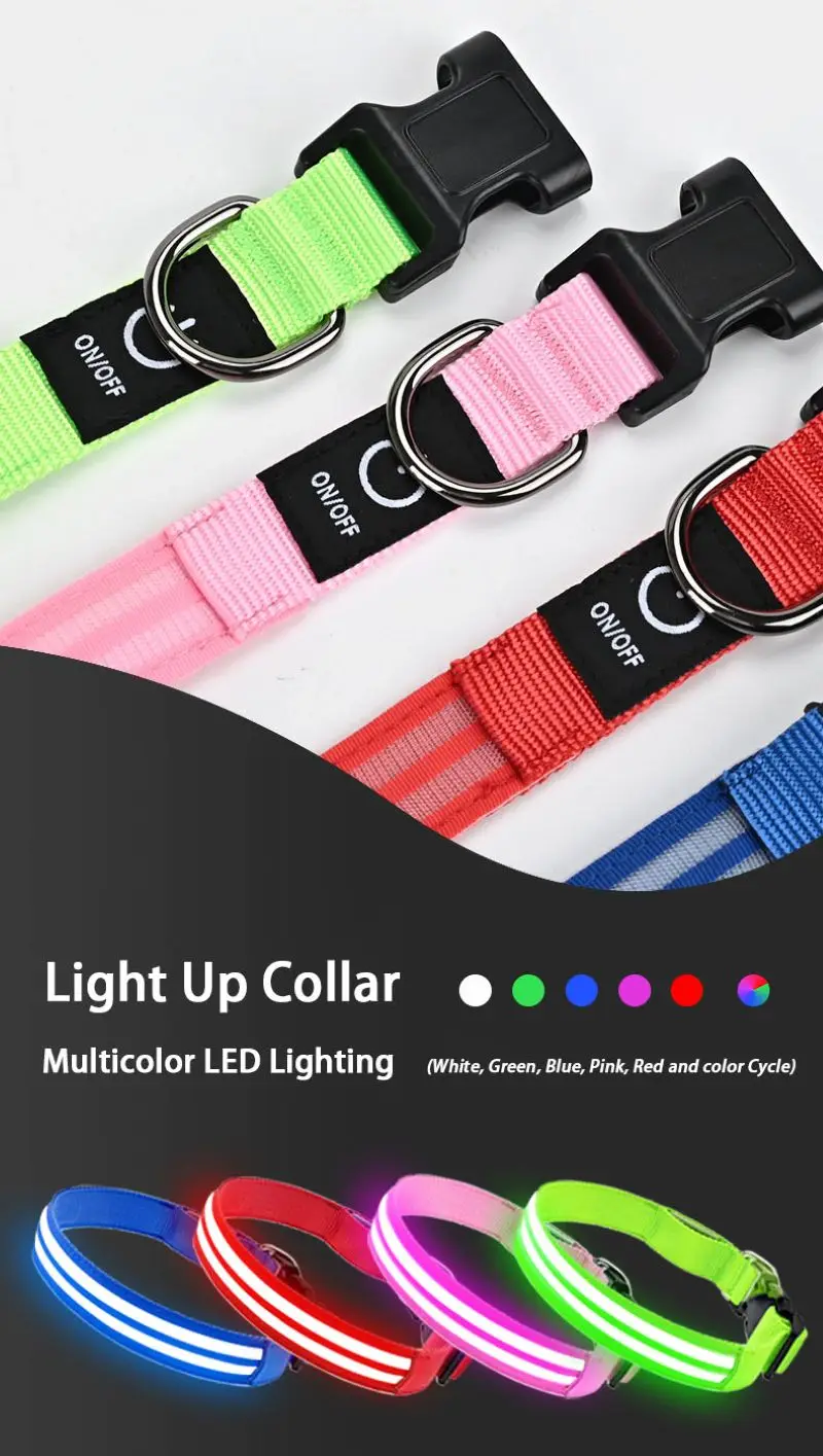 Light Up Dog Collar for Night Walk Color LED Glowing Pet Safety Collar Rechargeable Dog Necklace with Dog Harness Dog Leash Ring
