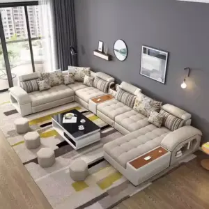 Linlamlim U-Shaped Sectional Fabric Sofa Set - Modern Living Room Furniture with Storage, Built-in Side Table, USB, and Cushions