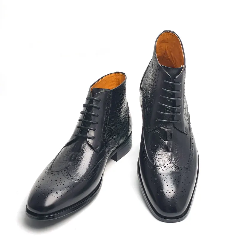 Luxury Business Boots For Men Comfortable Lace Up Top Cow Leather Handmade Retro Printing Shoes Fast Delivery Black Fashion Boot