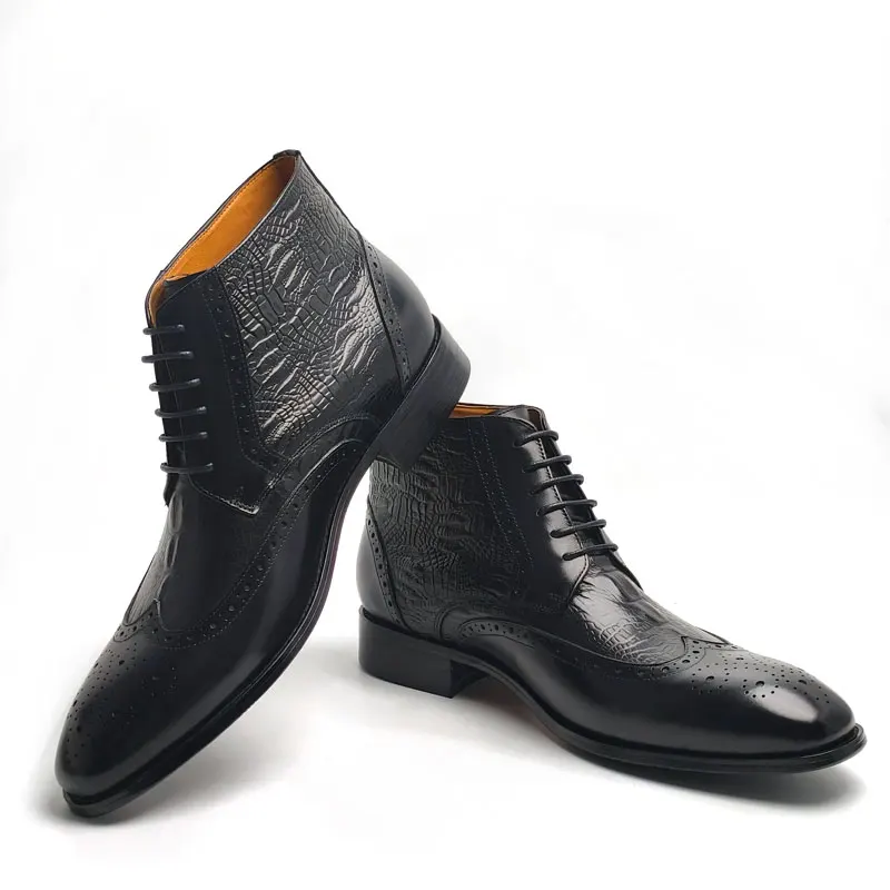 Luxury Business Boots For Men Comfortable Lace Up Top Cow Leather Handmade Retro Printing Shoes Fast Delivery Black Fashion Boot