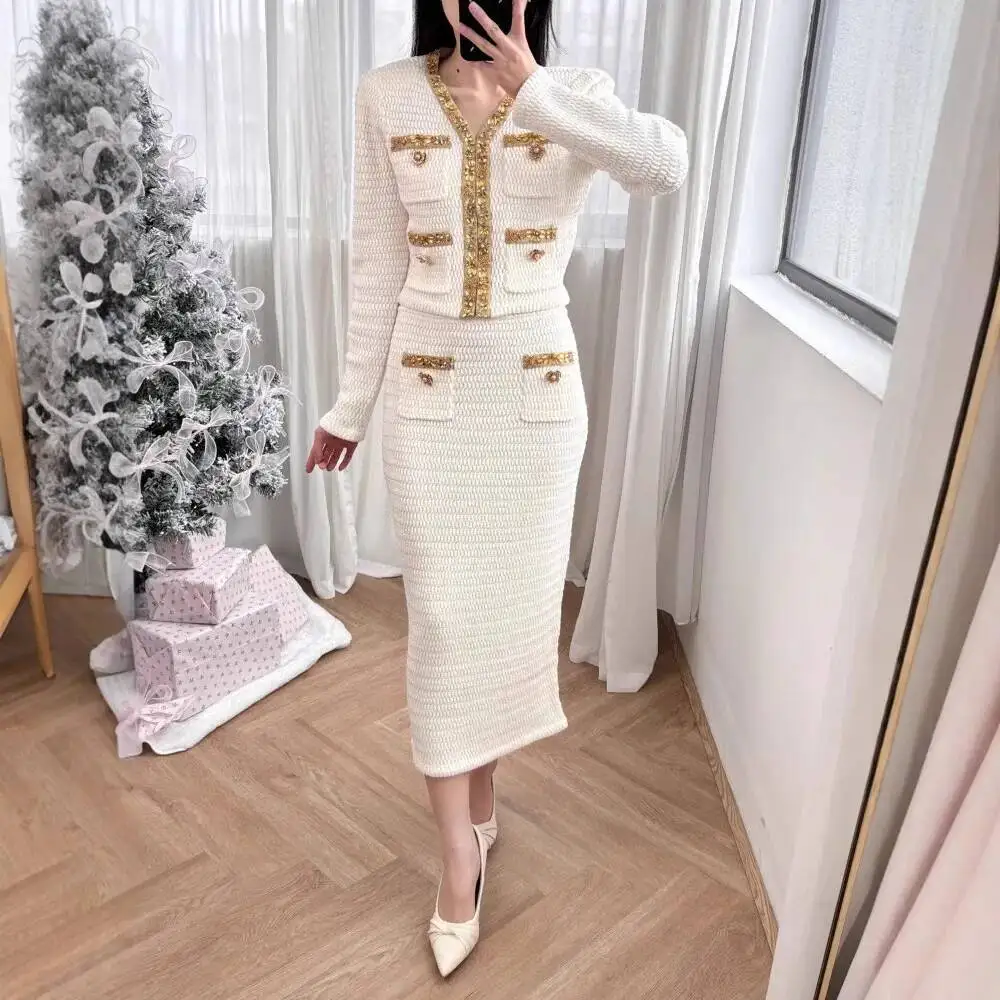 Luxury Crystal Long Evening Dresses Women 2 Piece Women Skirt Suits Beading Knitting Cardigans Sweater Long Pencil Skirts Sets