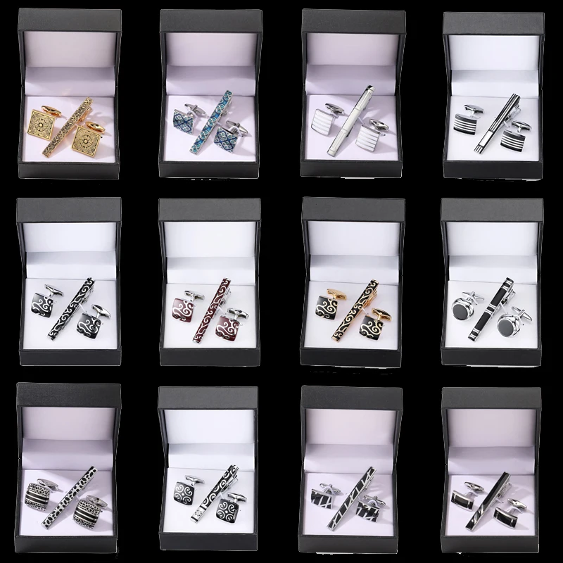 Luxury men's French shirt cufflink tie clip set Square leopard print flower Clover Cuff Button Suit Accessorie Jewelry box Gift