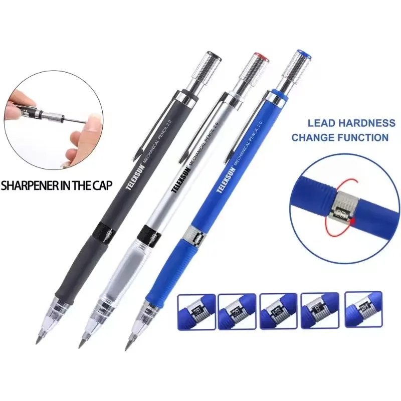 Mechanical Pencil Set 2.0 mm with 2B Black/Colors Lead Refill For Writing Sketching Art Drawing Painting School Automatic Pencil