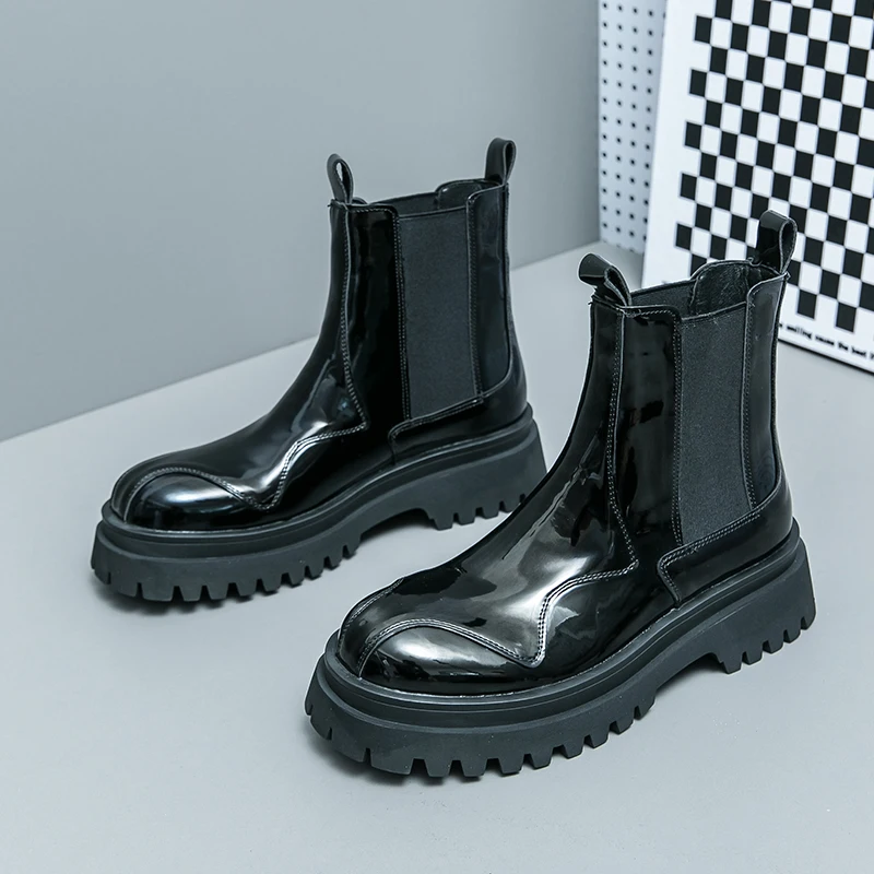 Men's Chunky Chelsea Boots Retro Thick Sole Glossy Faux Leather Elastic Side Panel for Streetwear Party & Autumn/Winter Fashion