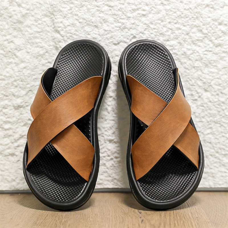 Mens Leather Slippers Comfortable Breathable Summer Big Size Sandals for Men with Soft Sole