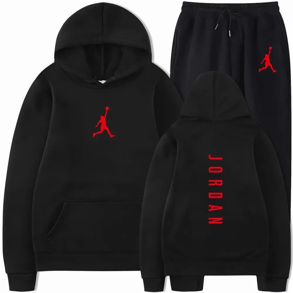 Men's pullovers for autumn and winter, solid-color hoodie + stretch waist jogging pants two-piece set, fashionable outdoor casua