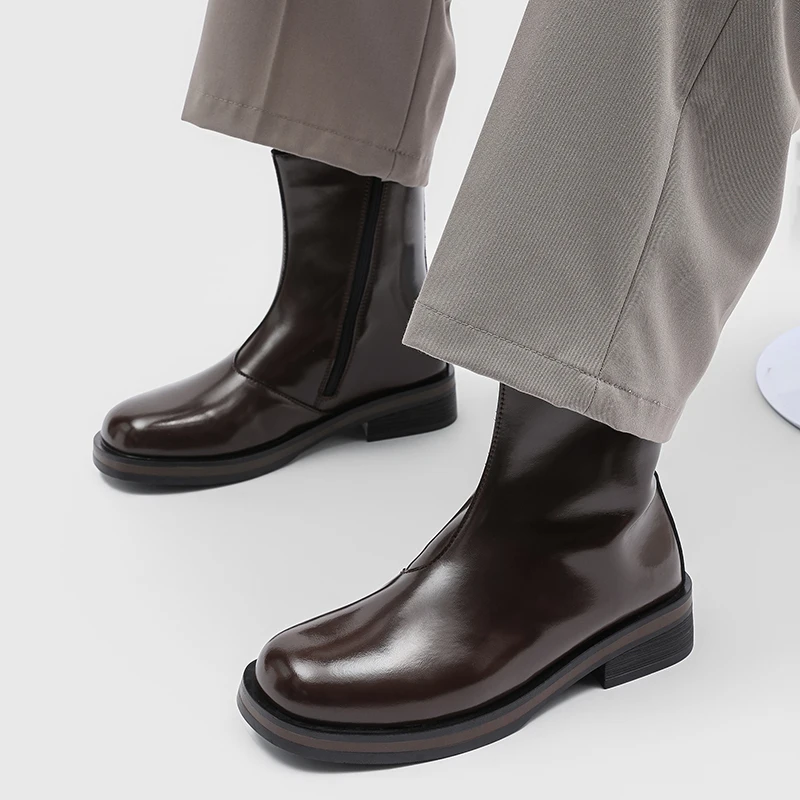 Mid Top Chelsea Boots for Men Solid Color Round Toe Side Zipper Casual Fashionable Simple Motorcycle Men Boots