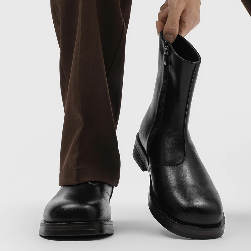 Mid Top Chelsea Boots for Men Solid Color Round Toe Side Zipper Casual Fashionable Simple Motorcycle Men Boots