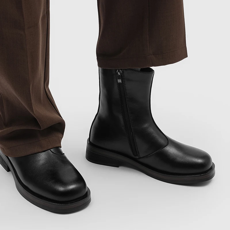 Mid Top Chelsea Boots for Men Solid Color Round Toe Side Zipper Casual Fashionable Simple Motorcycle Men Boots