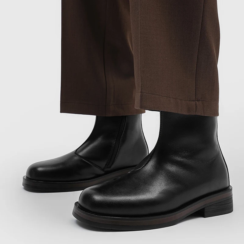 Mid Top Chelsea Boots for Men Solid Color Round Toe Side Zipper Casual Fashionable Simple Motorcycle Men Boots