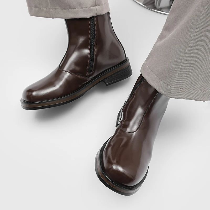 Mid Top Chelsea Boots for Men Solid Color Round Toe Side Zipper Casual Fashionable Simple Motorcycle Men Boots