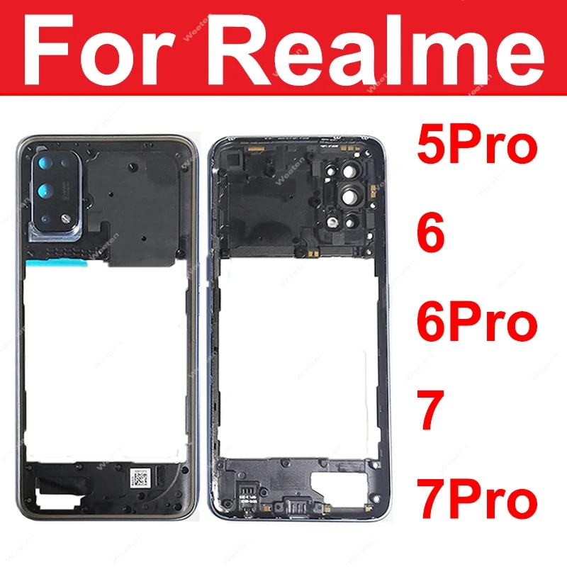 Middle Frame Housing For Realme 5 Pro 6 Pro 7 Pro Middle Frame Bezel Cover with Side Button Camera Lens Frame Parts