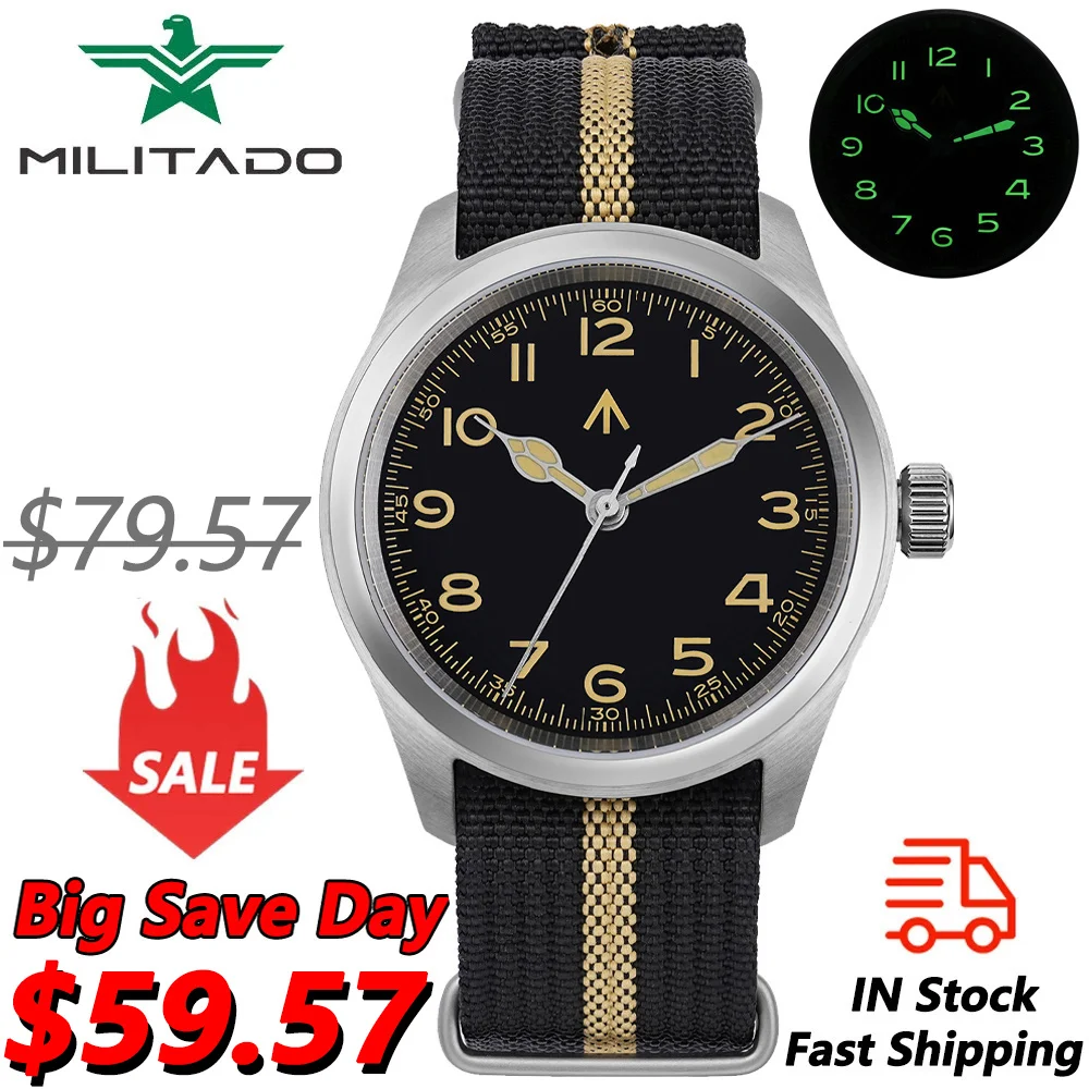 Militado ML08 38mm Quartz Watch VH31 Movement Double Domed Sapphire Crystal Wristwatch Super C3 Green Luminous Vintage Watches