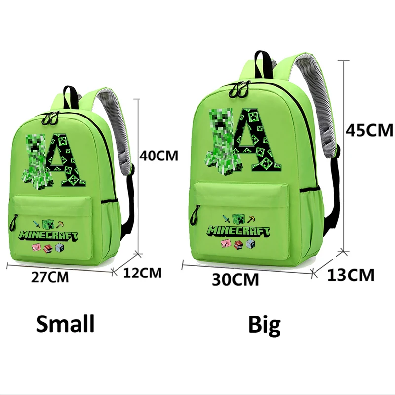 Minecrafted Series Student Backpack Green Letter A-Z Primary School Bag Hot Game Figure Print Schoolbags Cartoon Birthday Gift