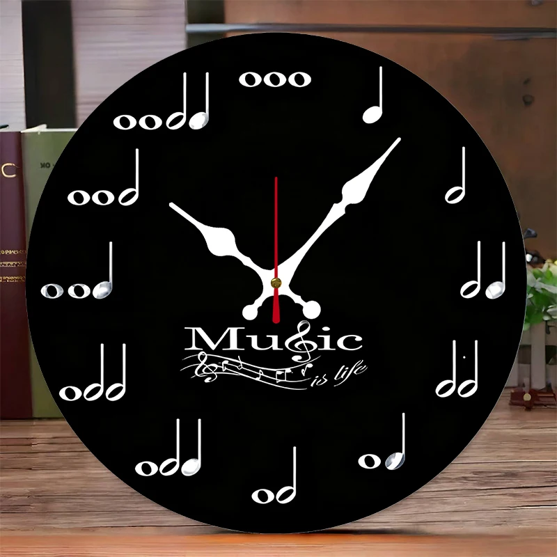 Music Note Wooden Round Silent Hanging Wall Clock, Suitable For Living Room, Office, Study Room, Bedroom, Home Decoration