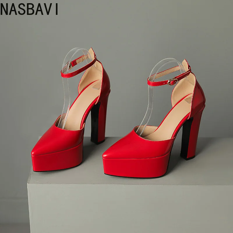 NASBAVI PU Patent Leather Green Pointed Closed Toe Women Mary Janes Pumps Spring Big Size 43 Platform Sandals Block High Heels