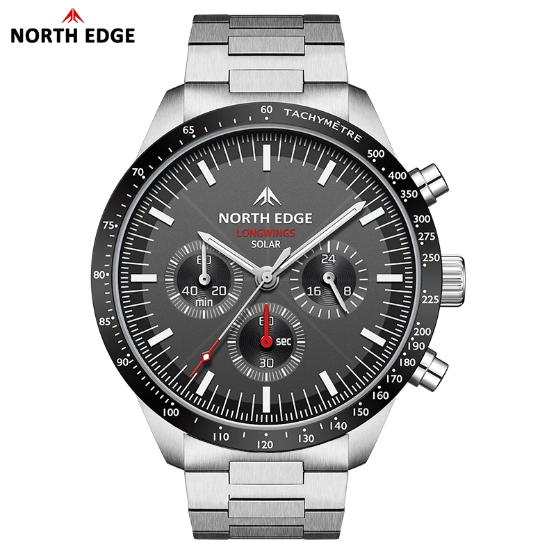 NORTH EDGE 2025 LONGWINGS Men Quartz Watch Solar Powered Stopwatch Waterproof 50M 316 Full Stainless Steel Luminous Pilot Watch