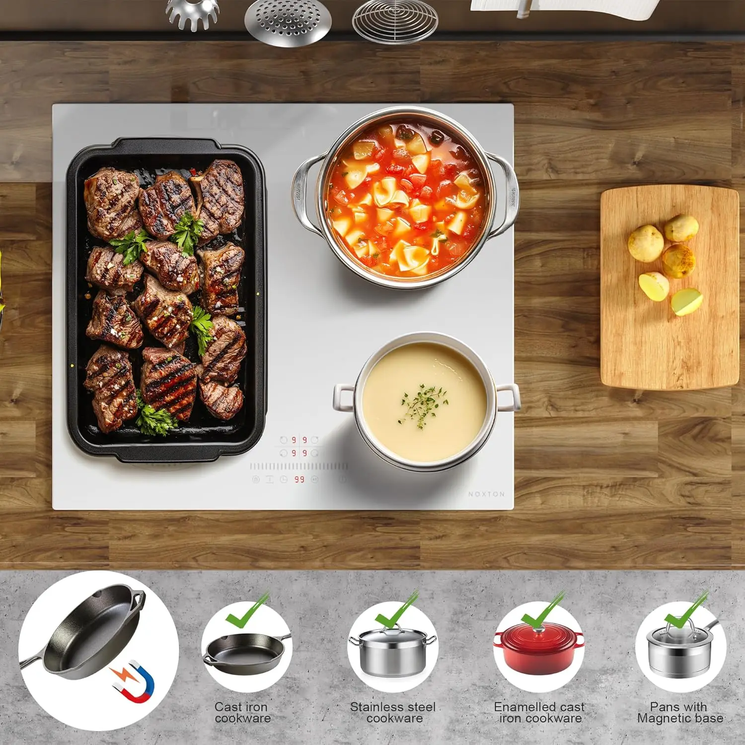 NOXTON White/Black Induction Hob Plug in, (UK:2800W/EU:3500W) 4 Zones with 1 Grill Zone, 60CM Touch, Safety Lock,Ceramic Glass