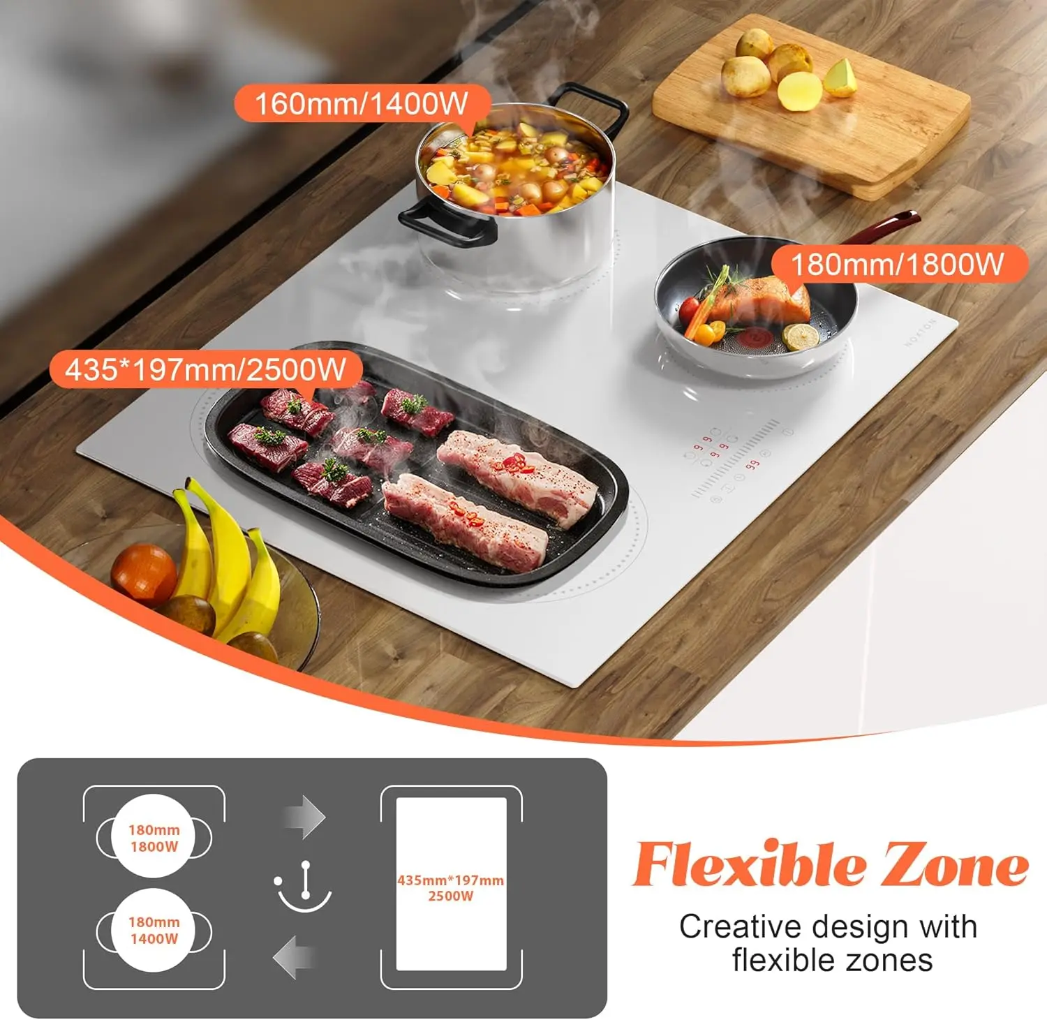 NOXTON White/Black Induction Hob Plug in, (UK:2800W/EU:3500W) 4 Zones with 1 Grill Zone, 60CM Touch, Safety Lock,Ceramic Glass