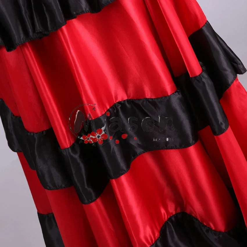 New Adult Kids Gypsy Girls Women Spanish Flamenco Skirt Striped Satin Silk Big Swing Belly Dancing Red Skirt Team Performance