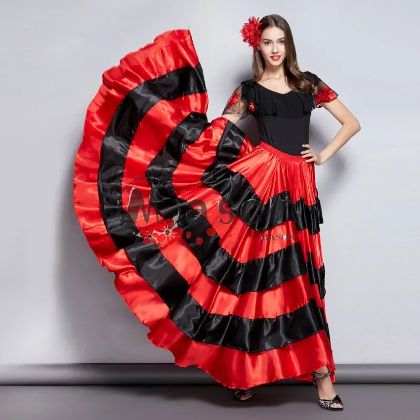 New Adult Kids Gypsy Girls Women Spanish Flamenco Skirt Striped Satin Silk Big Swing Belly Dancing Red Skirt Team Performance