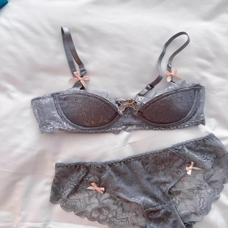 New Sexy Women Lace Half Cup Bra Set Soft Underwire Gathered Support Thin Comfortable Elegant Exquisite Lace Daily Lingerie Set