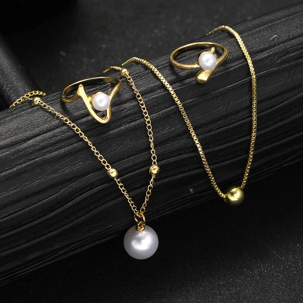 New Simple Round Bead Line Imitation Pearl Rings Earrings Pendant Necklace Four-Piece Sets for Women Trend Jewerly Set Paty Gift