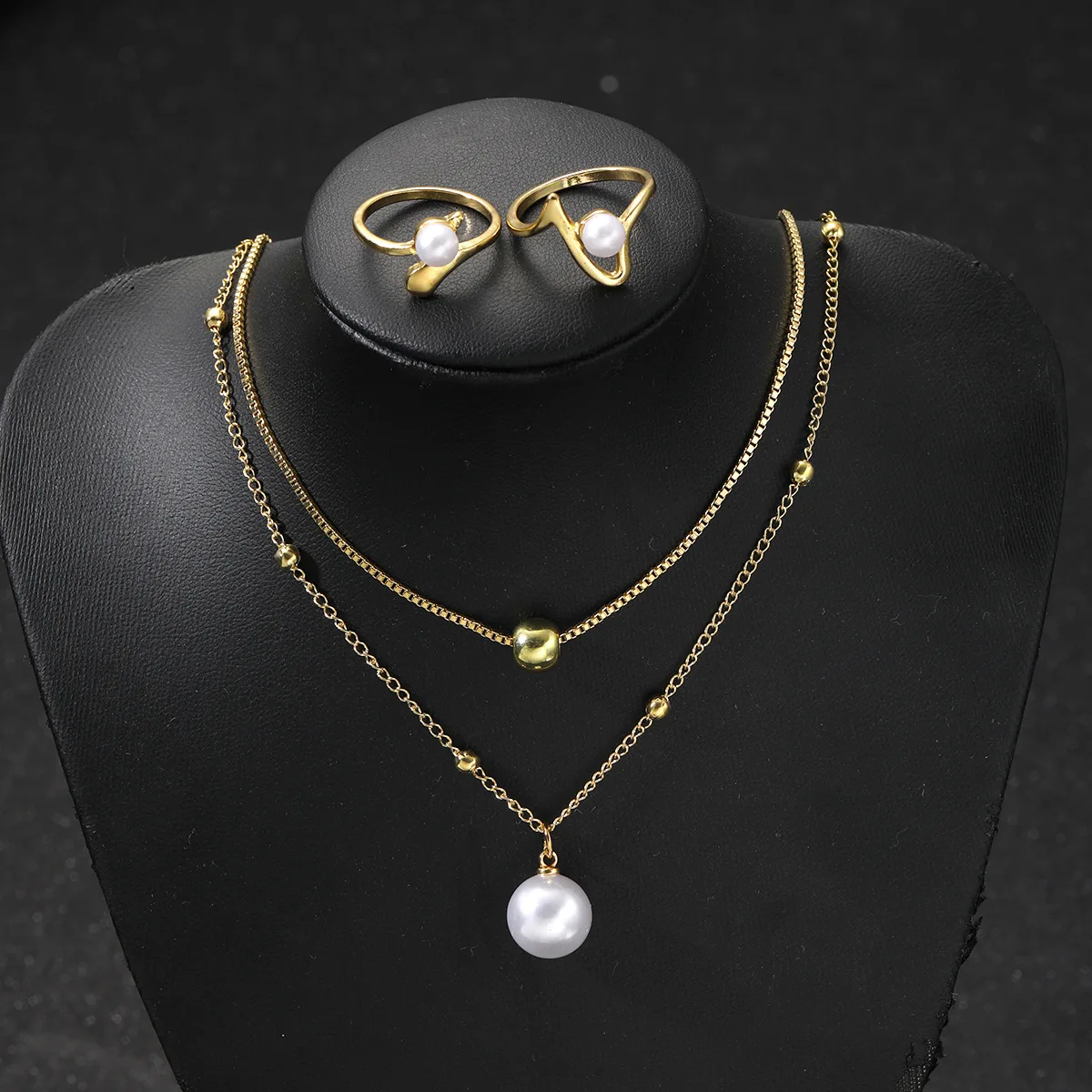 New Simple Round Bead Line Imitation Pearl Rings Earrings Pendant Necklace Four-Piece Sets for Women Trend Jewerly Set Paty Gift