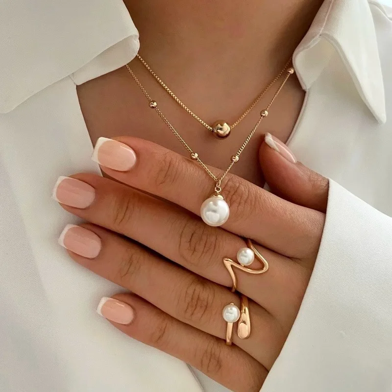 New Simple Round Bead Line Imitation Pearl Rings Earrings Pendant Necklace Four-Piece Sets for Women Trend Jewerly Set Paty Gift