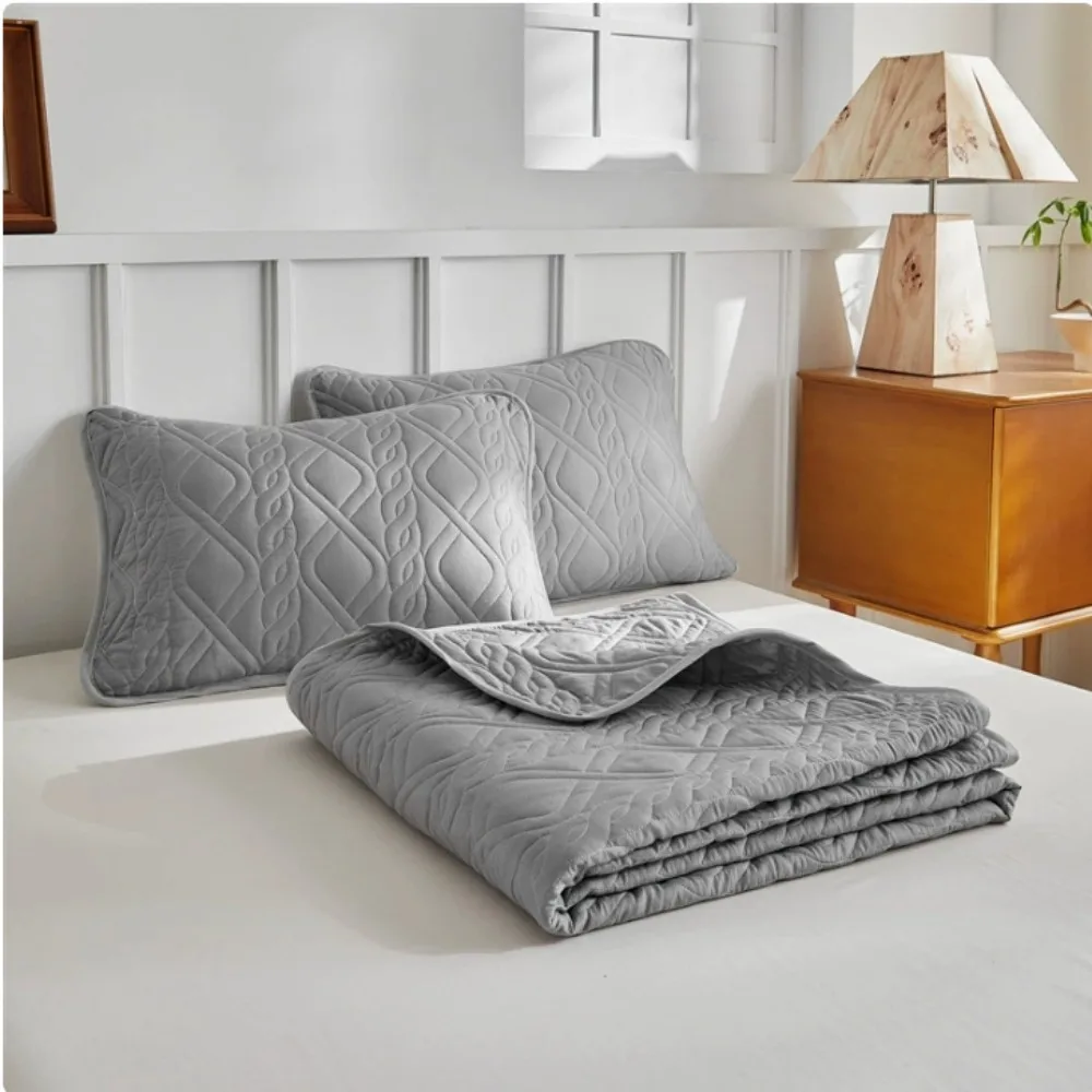 New Solid Quilted Bedspread Set Diamond Grid Pattern Soft Polyester Thick Bed Cover+Pillowcase Plain Super King 3pcs