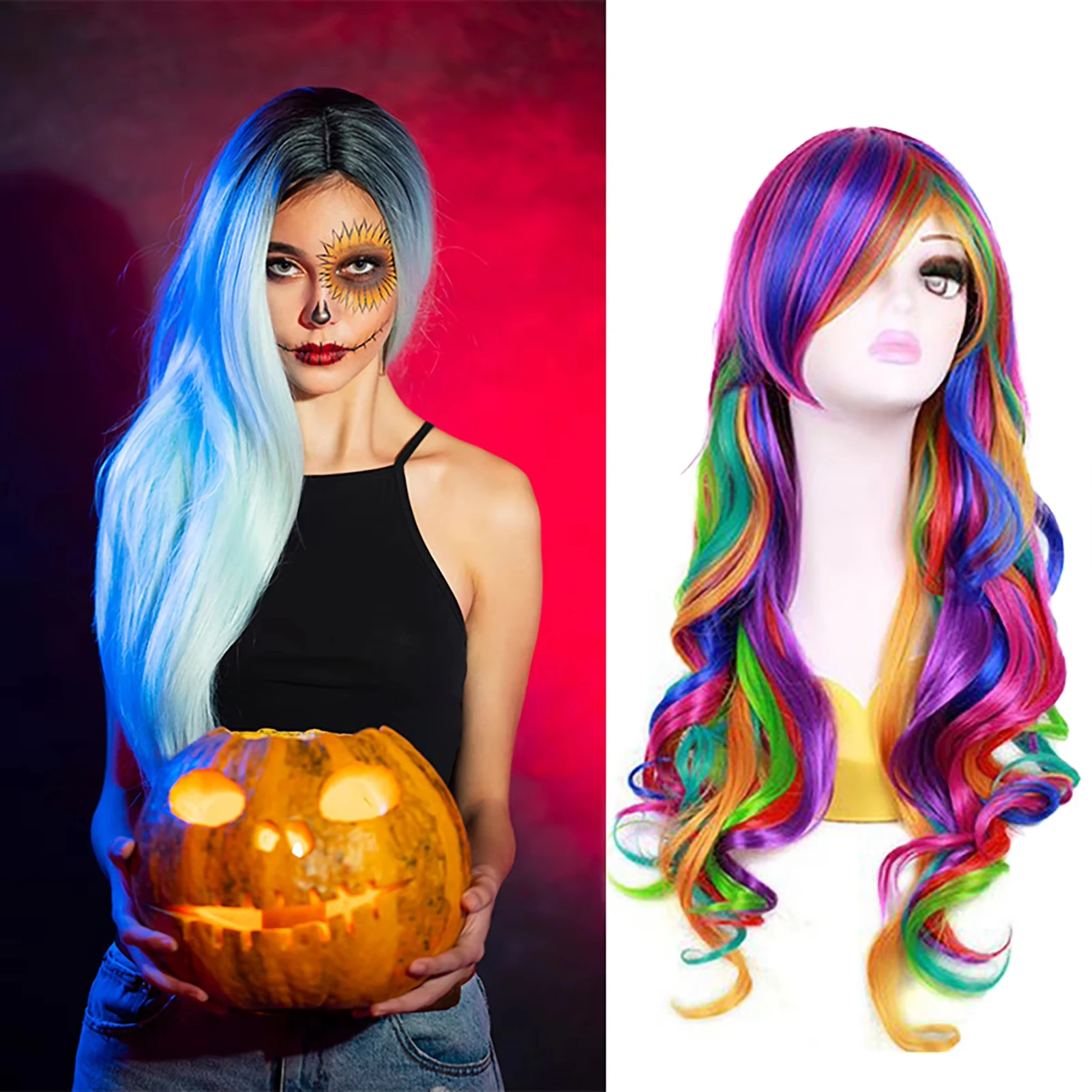 New trendy synthetic wigs in rainbow colors, long hair for parties, Halloween cosplay, high-temperature synthetic hair wigs