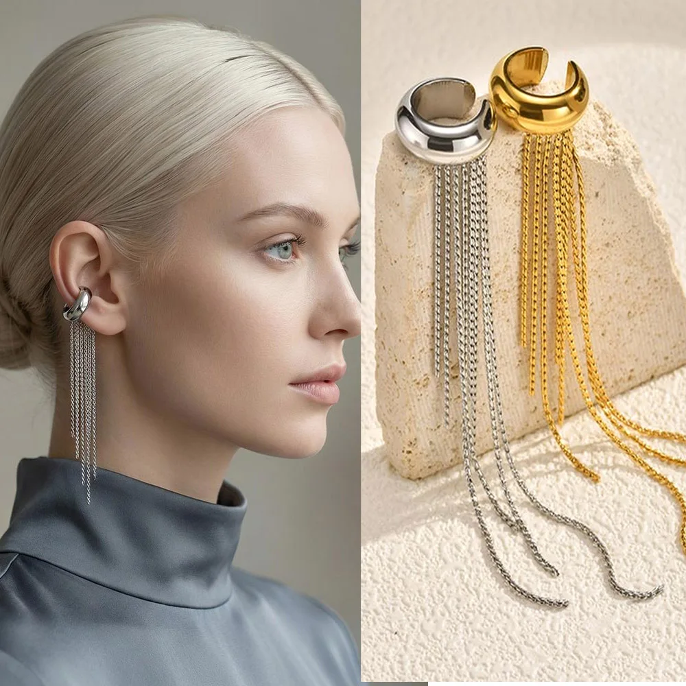 Nickel-free Gold Color Long Tassel Drop Earrings for Women, Stainless Steel Non-piercing Clip Earrings, Statement Ear Cuffs