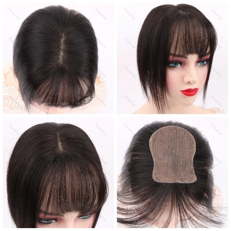 No-Clip Human Hair Topper 8x11cm Silk Skin Like Base Toppers with Bangs Breathable Realistic Hairpart Front Free Part 25cm