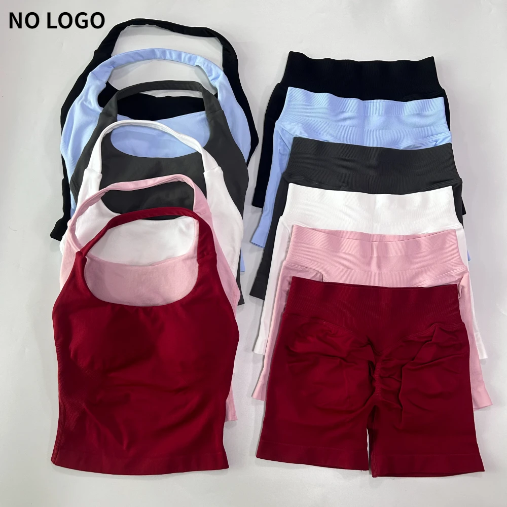 No Logo 2 Pieces Gym Set Women Backless Halter Tops High Waist Seamless Shorts Gym Suit Fitness Clothes Sportswear Workout Sets