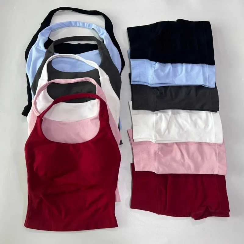 No Logo 2 Pieces Sports Set Women Backless Tank Tops High Waist Scrunch Seamless Shorts Gym Set Sportswear Workout Set Yoga