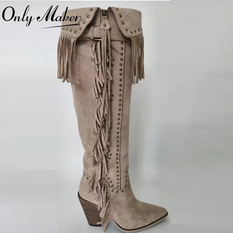 Onlymaker Women Pointed Toe Fringe Rivet Brown Faux Suede leather Knee High Boots Vintage Side Zipper Fringe boots