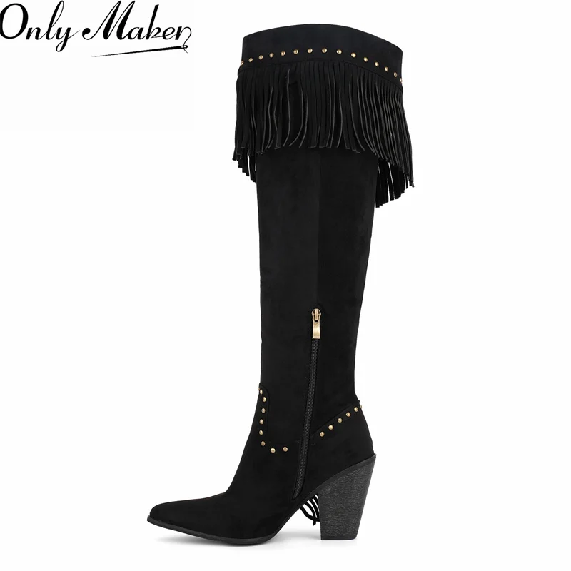 Onlymaker Women Pointed Toe Fringe Rivet Brown Faux Suede leather Knee High Boots Vintage Side Zipper Fringe boots