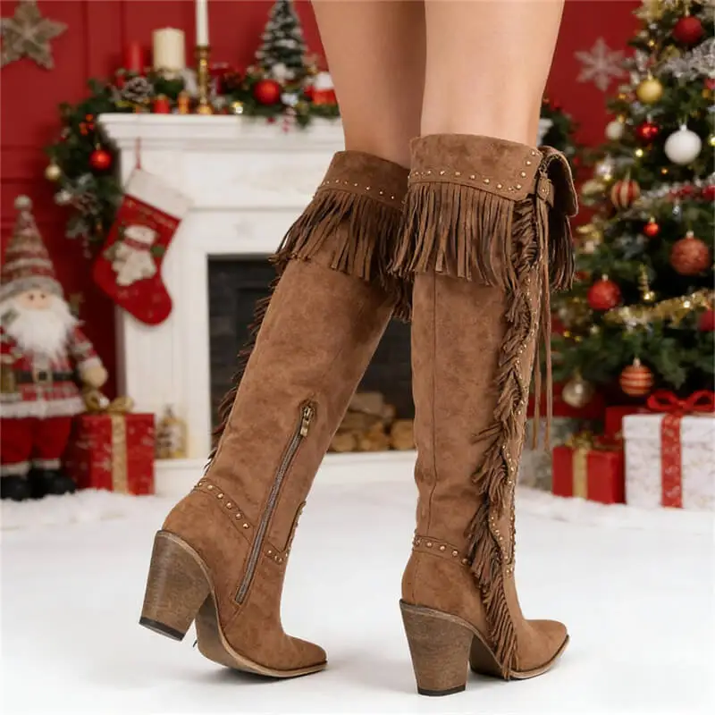 Onlymaker Women Pointed Toe Fringe Rivet Brown Faux Suede leather Knee High Boots Vintage Side Zipper Fringe boots