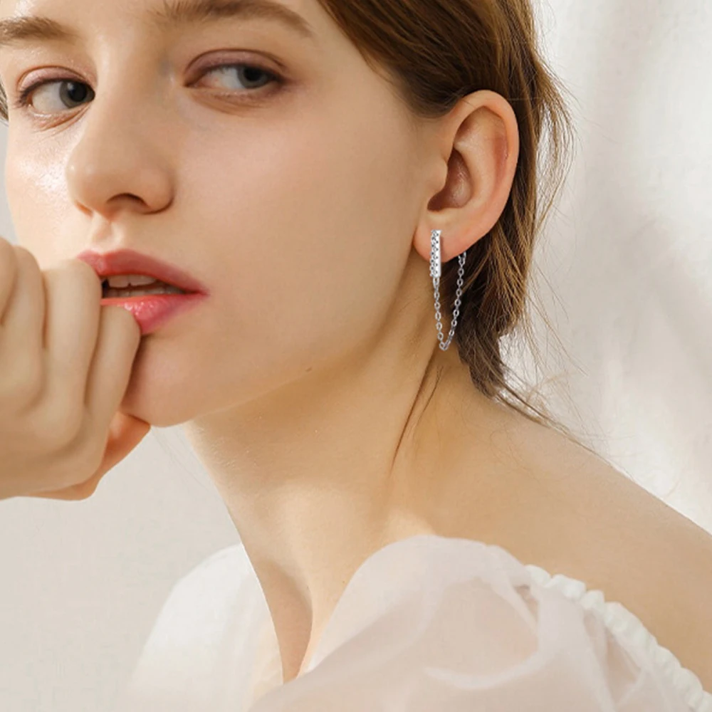 Original 925 Sterling Silver Long Chain Stud Earrings 1.4mm Full Moissanite Diamond Earring for Women Trending Jewelry Gift 2023