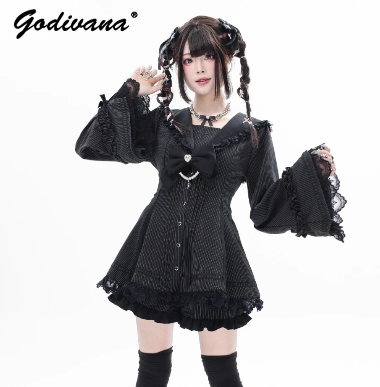 Original Mine Series Dress and Shorts 2 Piece Set New Autumn Women's Gothic Cross Sailor Collar Long Sleeve Slim Lolita Outfits