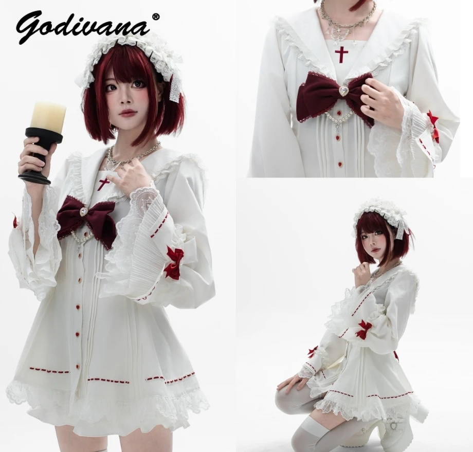 Original Mine Series Dress and Shorts 2 Piece Set New Autumn Women's Gothic Cross Sailor Collar Long Sleeve Slim Lolita Outfits