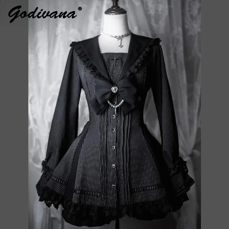Original Mine Series Dress and Shorts 2 Piece Set New Autumn Women's Gothic Cross Sailor Collar Long Sleeve Slim Lolita Outfits