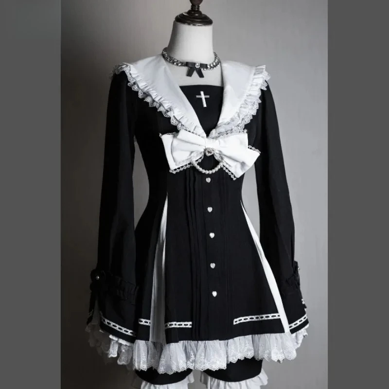 Original Mine Series Dress and Shorts 2 Piece Set New Autumn Women's Gothic Cross Sailor Collar Long Sleeve Slim Lolita Outfits