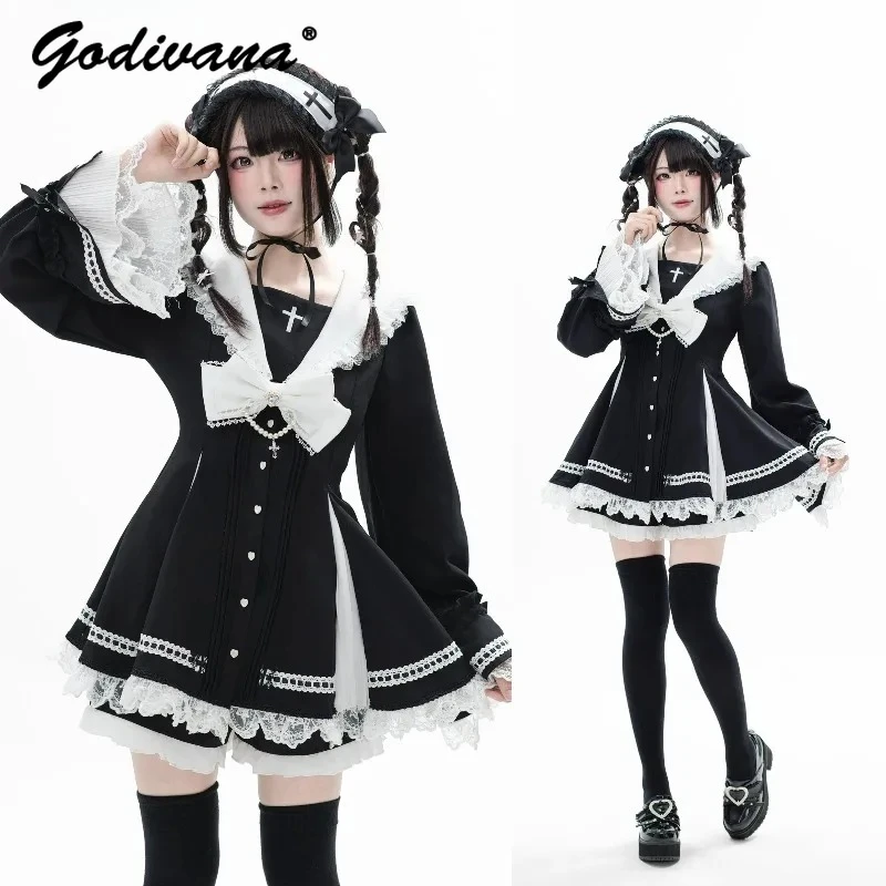 Original Mine Series Dress and Shorts 2 Piece Set New Autumn Women's Gothic Cross Sailor Collar Long Sleeve Slim Lolita Outfits