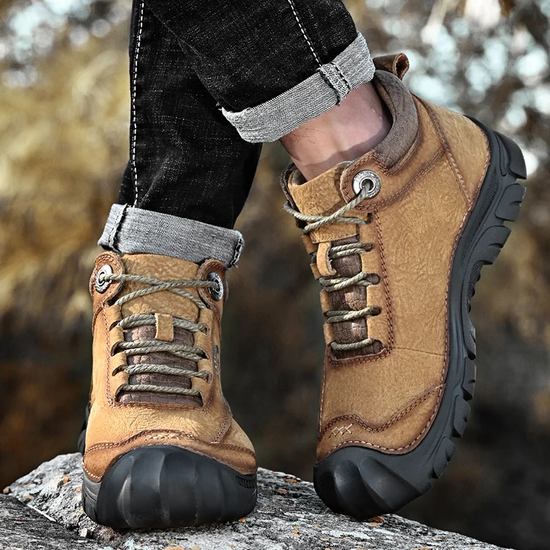 Outdoor Men's Boots Genuine Leather Casual Shoes Climbing Hiking Shoes Warm Winter Boots for Men High Quality Platform Snow Boot
