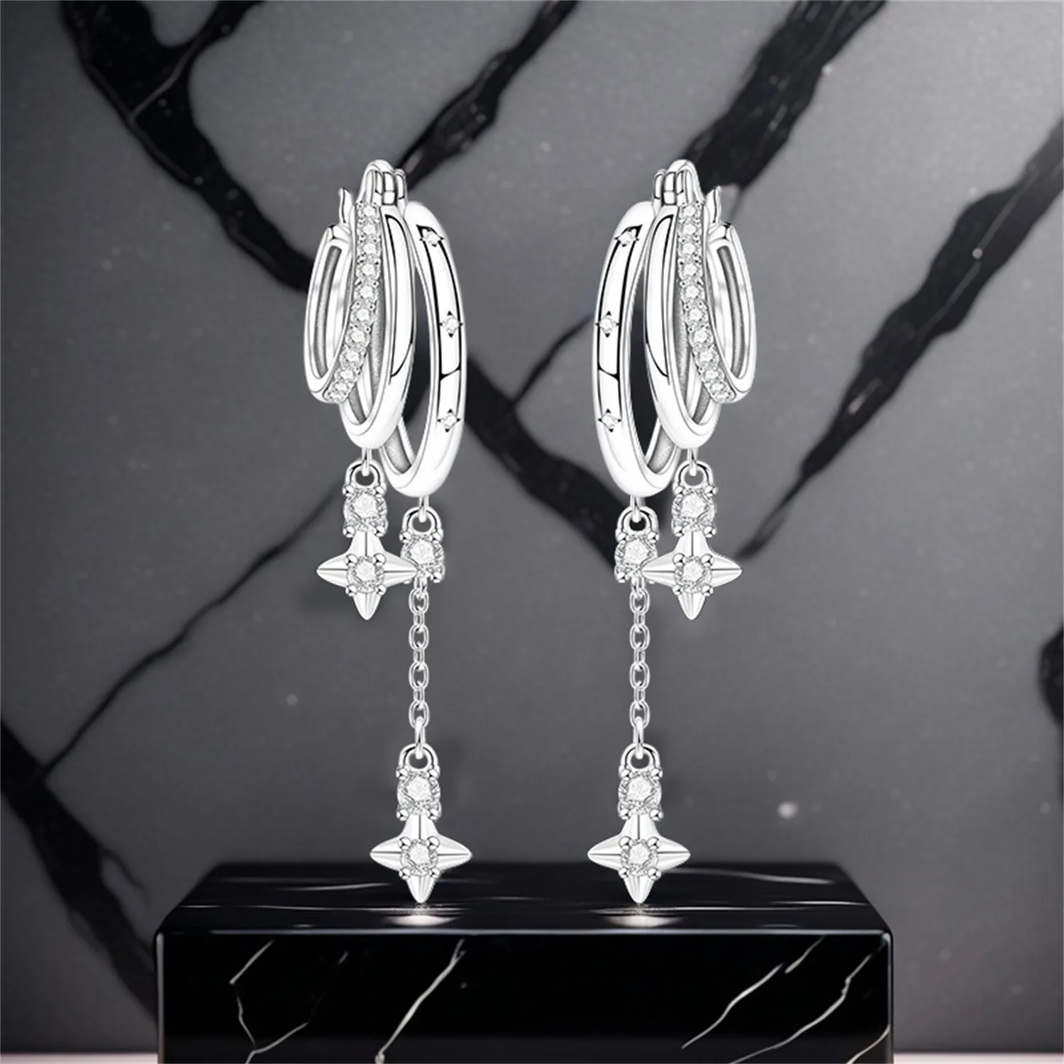 PANPOKI 925 Sterling Silver Multi Layer Starry Tassel Drop Earrings Women Earrings Charm Trend Versatile Party Jewelry Gifts
