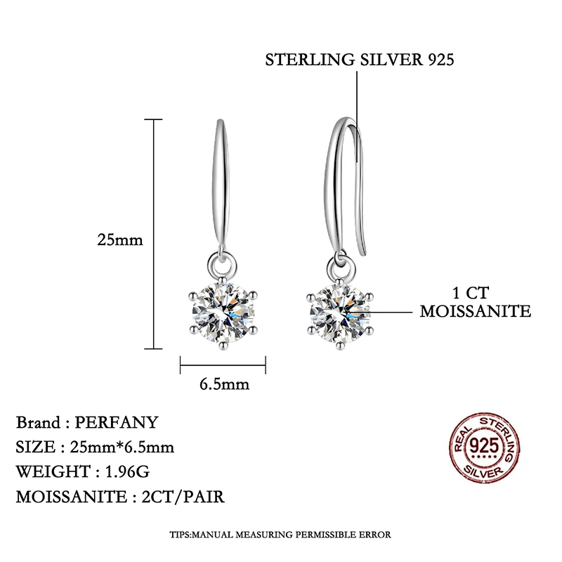 PERFANY 0.5/1CT Moissanite Drop Earring Women S925 Pure Silver Classic Six Claw Laboratory Diamond Fashion Wedding Jewelry