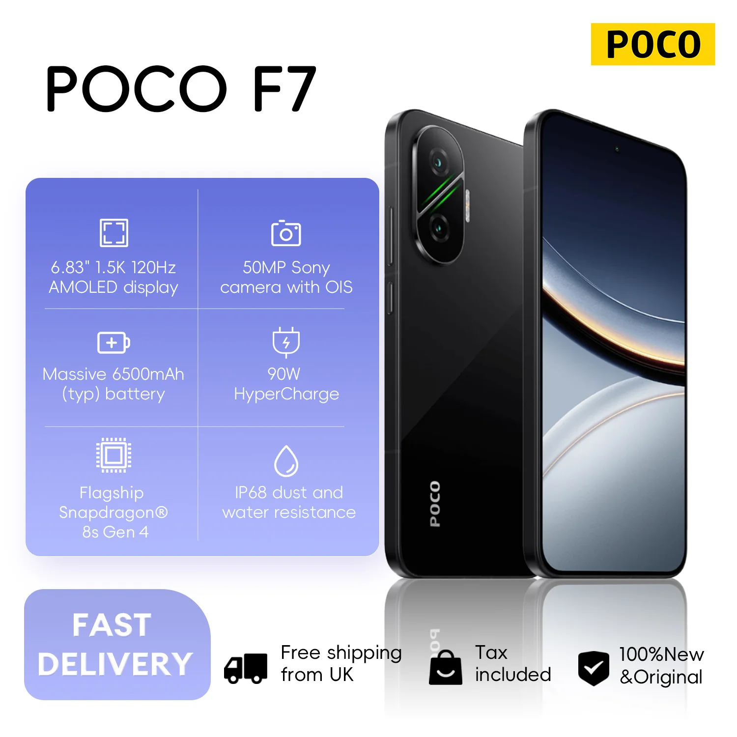 POCO F7 12+512GB Global Version 6.83" 1.5K 120Hz AMOLED Display Flagship Snapdragon® 8s Gen 4 WIFI 7 50MP Camera 6500mAh 90W NFC