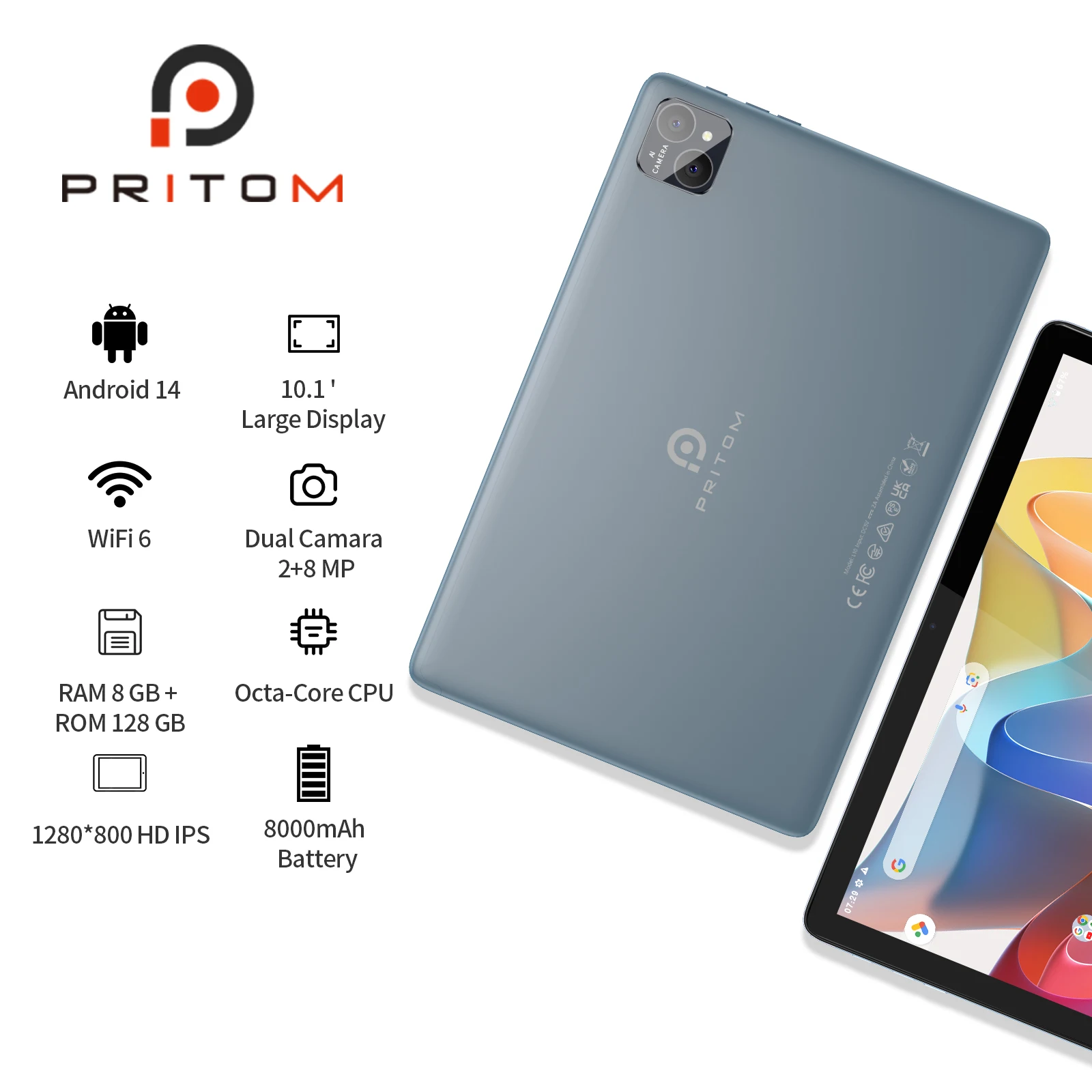 PRITOM TAB11 Android 14 Tablet, 10 Inch, Octa-Core, 5G WiFi6, 128GB, 8000mAh, HD IPS Display, Dual Camera, Bluetooth, FM, TYPE C